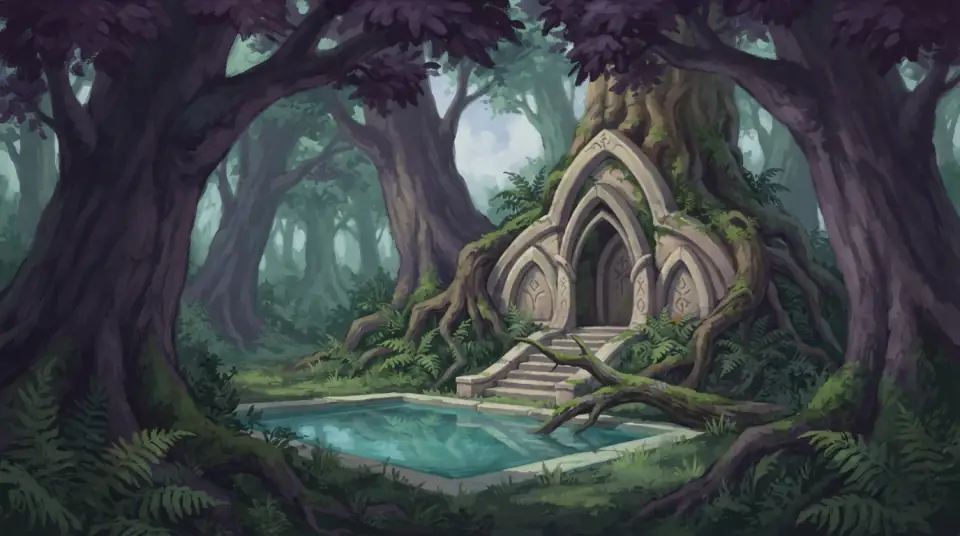 A painted view of Ashenvale: a carved stone arch over a still pool among violet trees.
