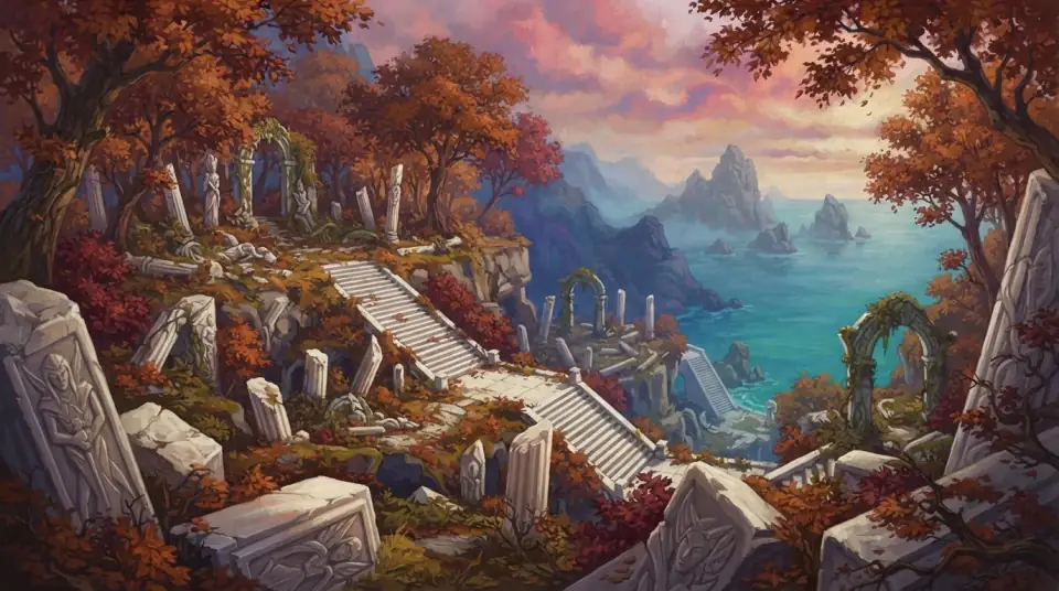 A painted view of Azshara: marble stairs and broken columns among autumn trees above the sea.
