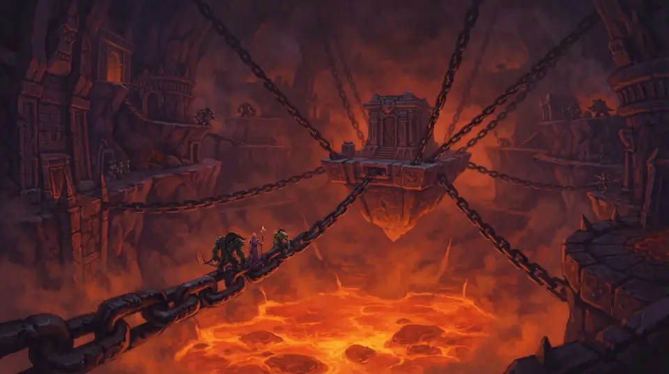 A painted view inside Blackrock Mountain: a gate hung on chains over a lake of lava.