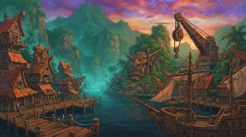 A painted view of Booty Bay: a harbour town built on stilts around a moored ship.