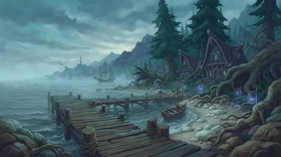 A painted view of Darkshore: a timber pier and shuttered buildings on a cold misty coast.