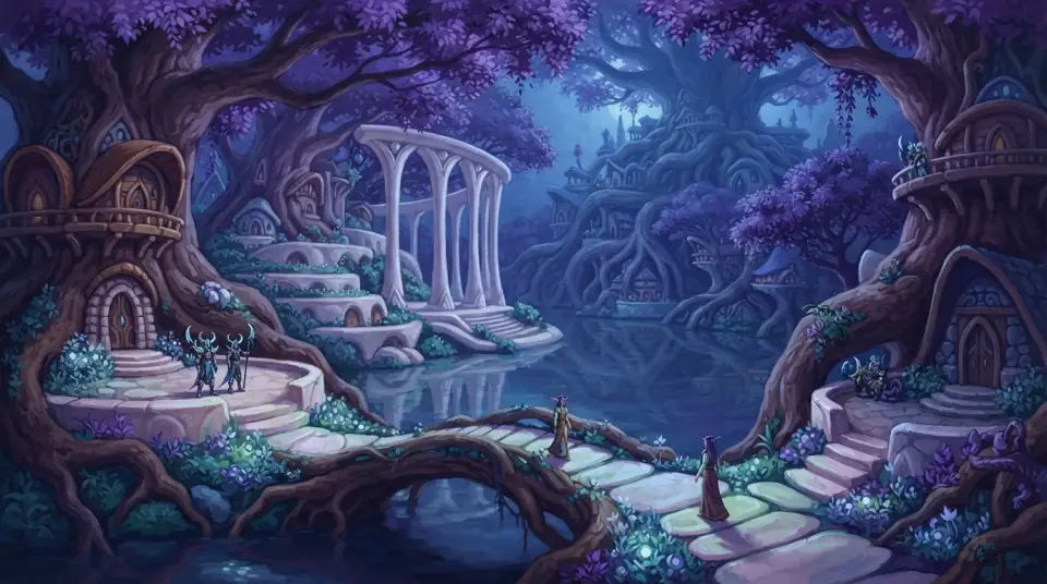 A painted view of Darnassus: pale colonnades and bridges among violet trees over still water.