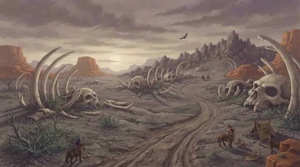 A painted view of Desolace: enormous bleached bones beside a track across grey flats.