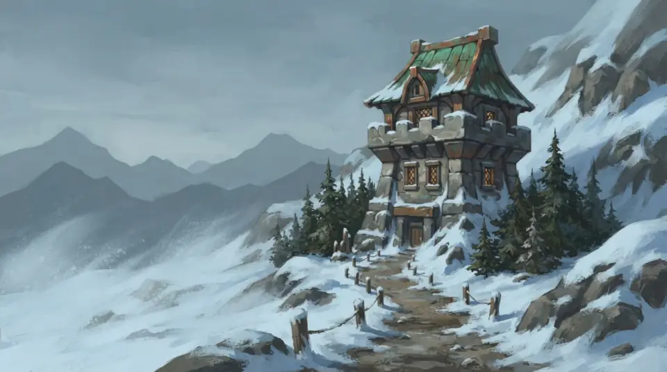 A painted view of Dun Morogh: a stone and timber house on a snowy slope above pines.