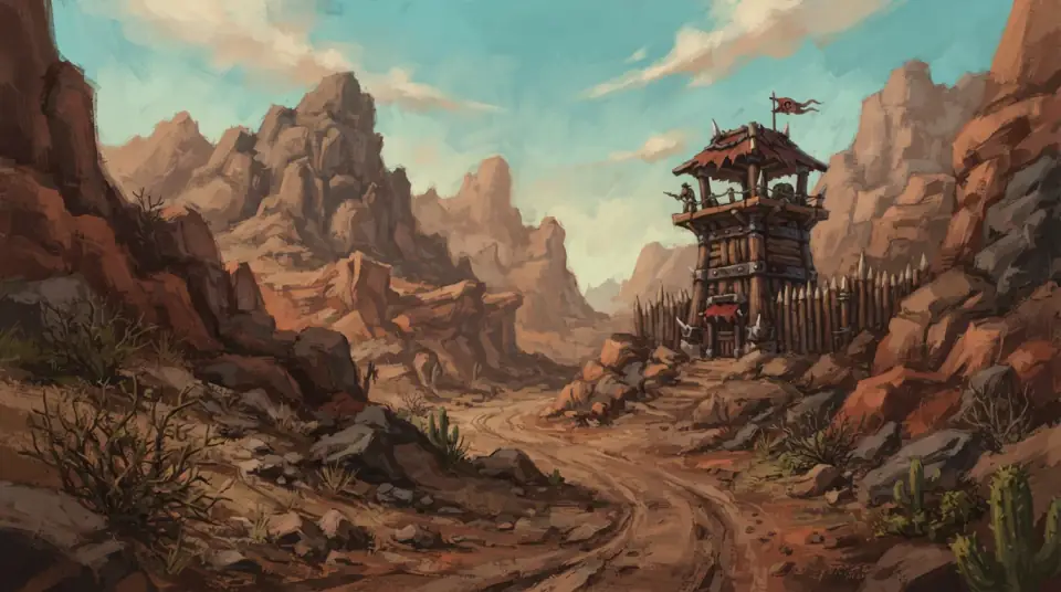 A painted view of Durotar: a timber watchtower and spiked palisade in a red rock canyon.