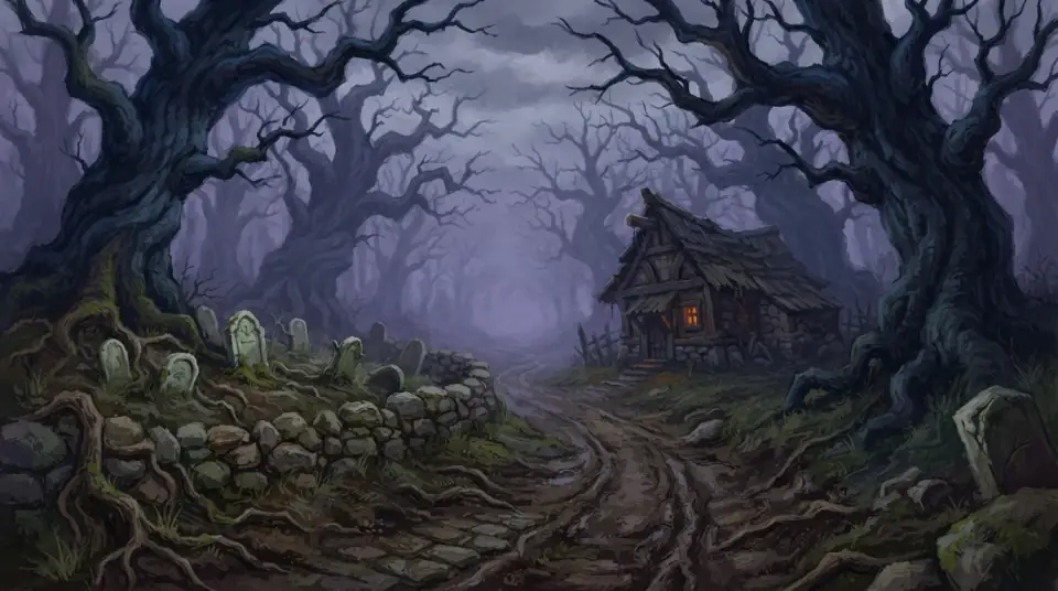 A painted view of Duskwood: bare twisted trees, gravestones and one lit window in the fog.