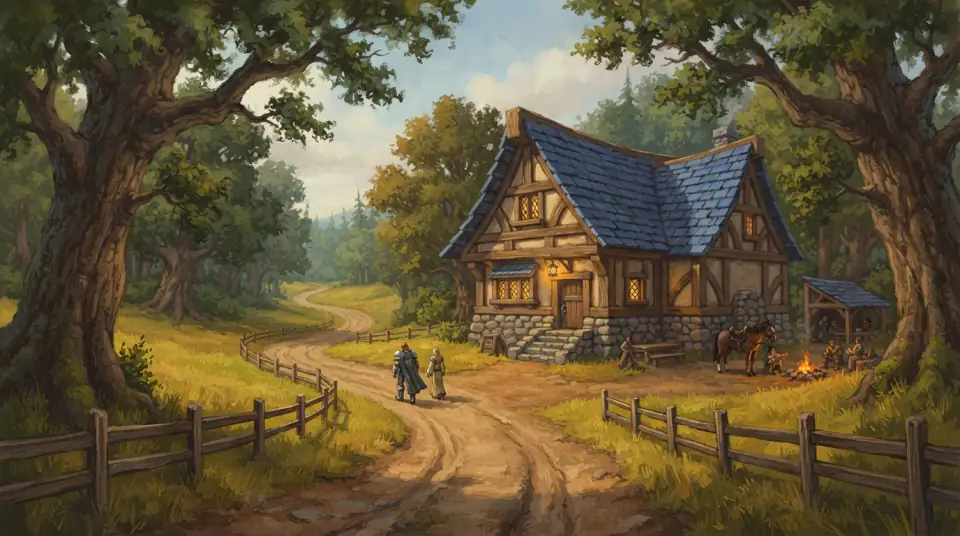 A painted view of Elwynn Forest: a timbered inn beside a dirt road under old oaks.