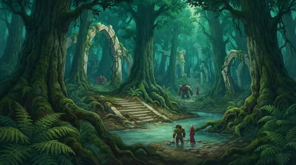 A painted view of Feralas: mossy stone arches and a stream deep under a green canopy.
