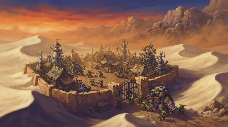 A painted view of Gadgetzan: a walled town of tents and towers surrounded by dunes.