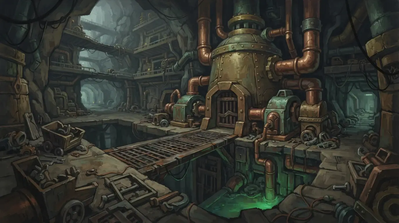 A painted view inside Gnomeregan: a riveted brass boiler and copper pipes over a grated walkway, with carts of gears and spanners.