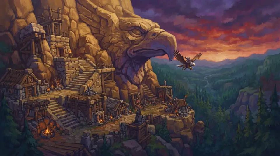 A painted view of the Hinterlands: a cliff settlement beside a rock carved as an eagle, over a green valley.