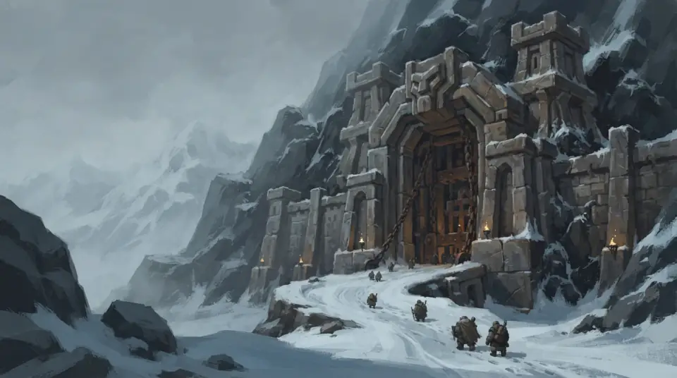 A painted view of the gates of Ironforge: a carved stone gatehouse in a snowbound mountainside.