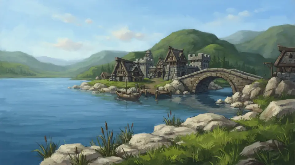 A painted view of Loch Modan: a stone bridge and a lakeside village under green hills.