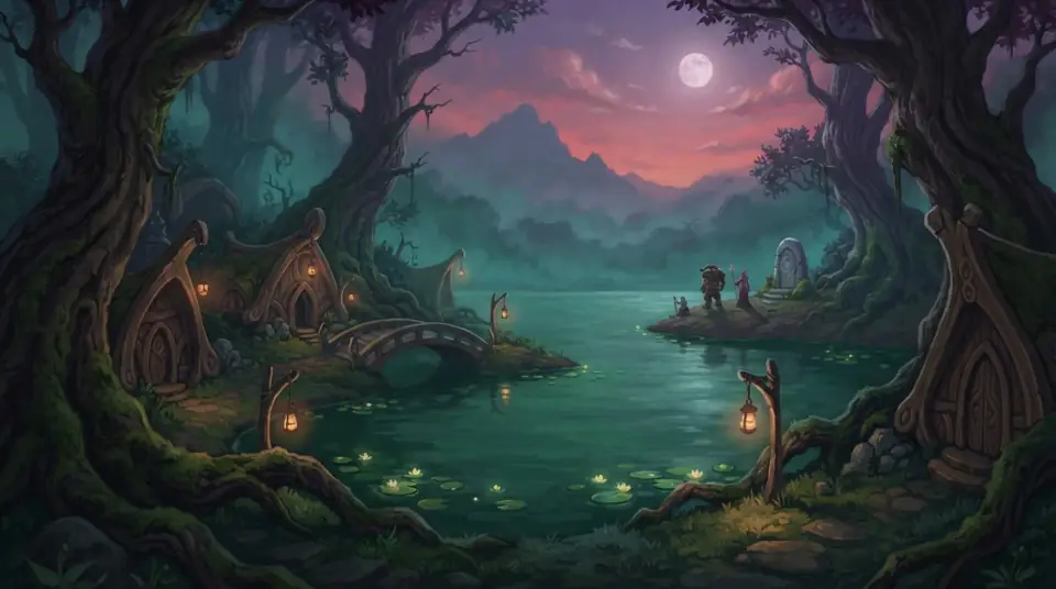 A painted view of Moonglade: lantern-lit dwellings around a still lake under a full moon.