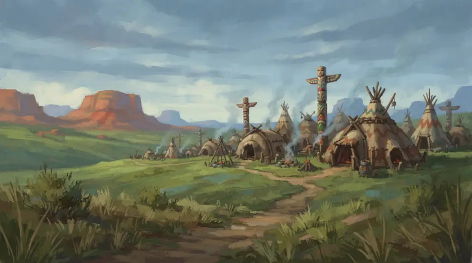 A painted view of Mulgore: hide tents and totem poles on green plains below red mesas.