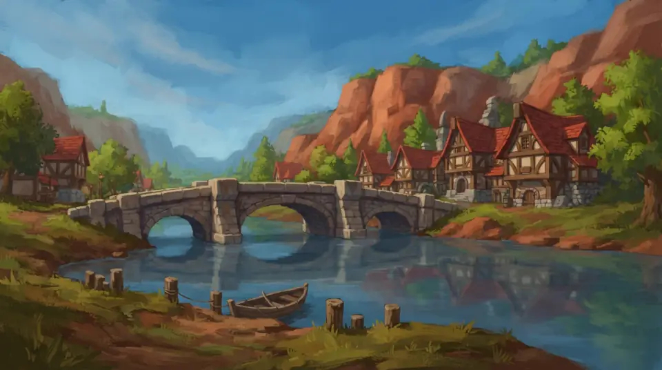 A painted view of Redridge Mountains: a stone bridge over the lake beneath red cliffs.