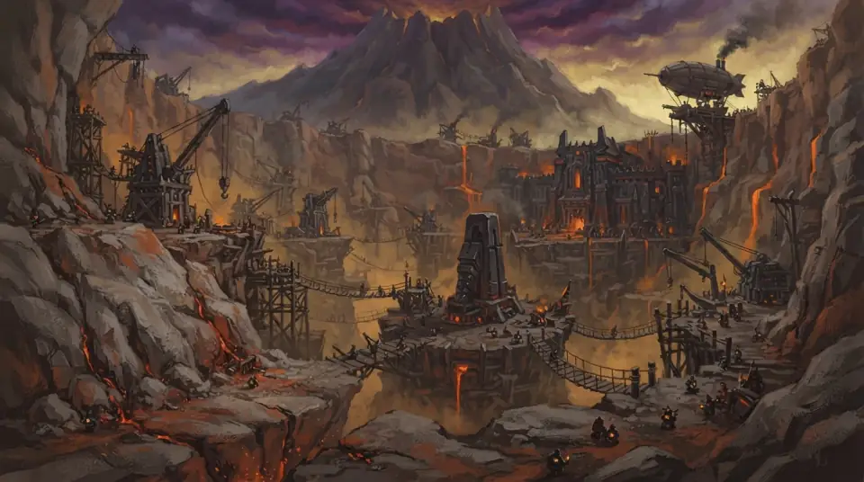 A painted view of the Searing Gorge: cranes and scaffolds over a quarry of lava and ash.
