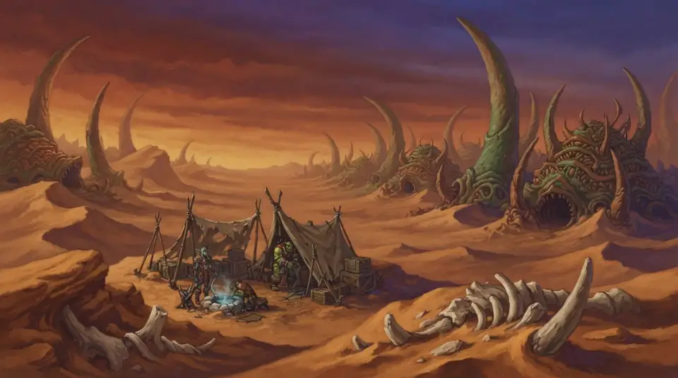 A painted view of Silithus: curved chitin spires rising out of an orange desert.