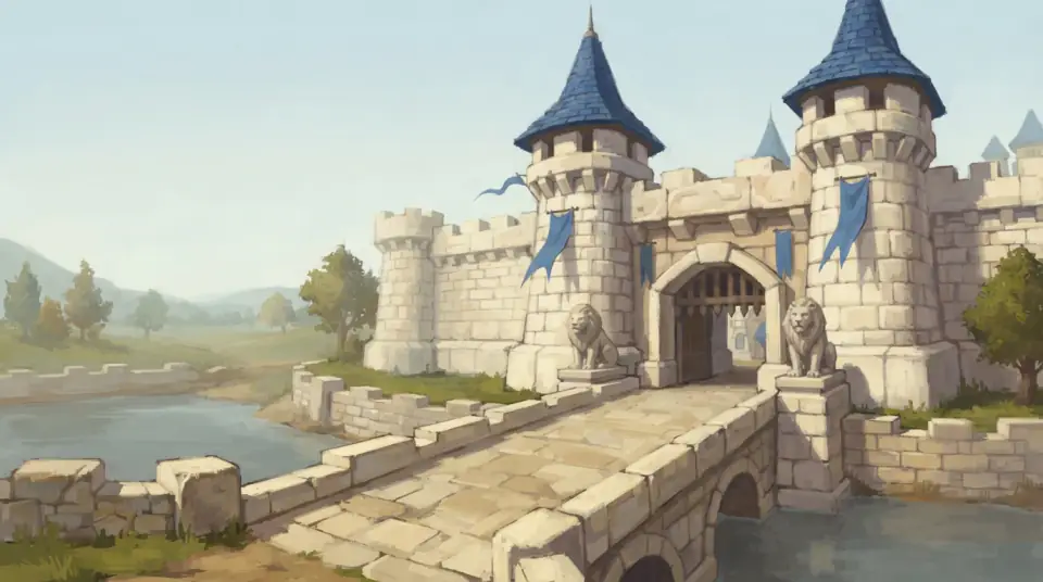 A painted view of Stormwind: the white gatehouse with blue roofs and banners above the bridge.