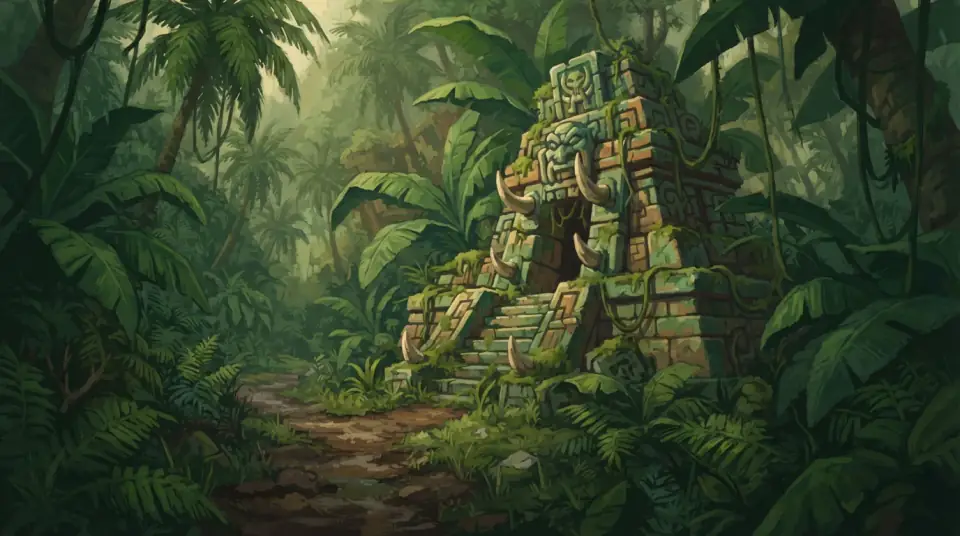 A painted view of Stranglethorn Vale: a carved stepped ruin swallowed by jungle.
