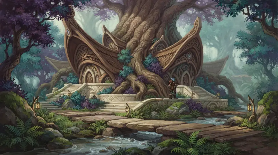 A painted view of Teldrassil: carved timber halls built into the roots of an enormous tree.