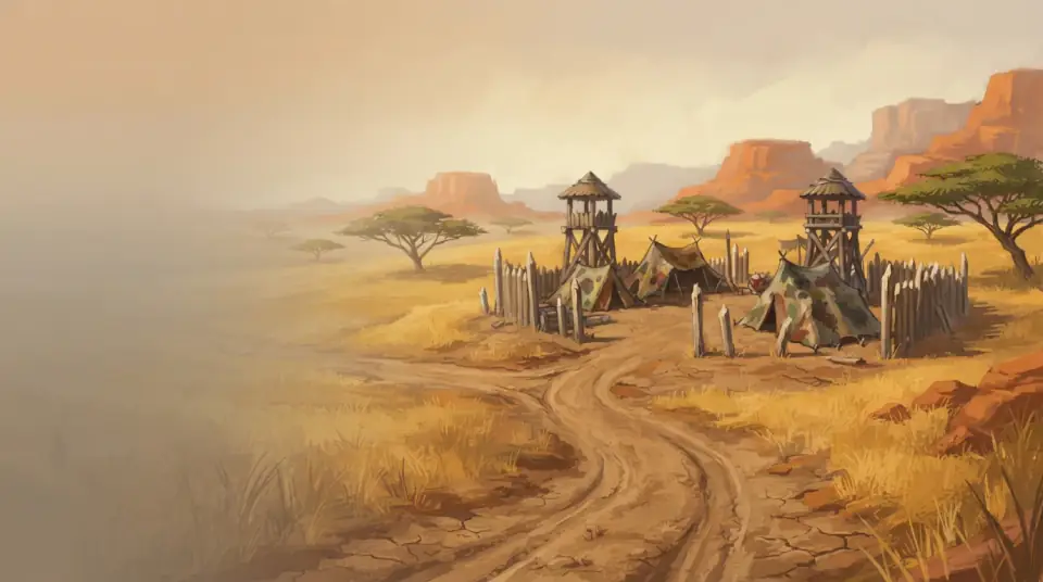 A painted view of the Barrens: watchtowers and tents on a dry savannah under flat-topped trees.