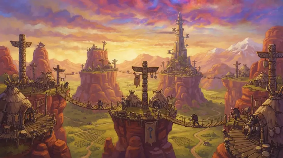 A painted view of Thunder Bluff: totems and rope bridges between red mesas at sunset.