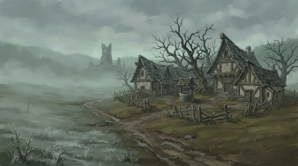 A painted view of Tirisfal Glades: abandoned cottages and a dead tree under a green haze.