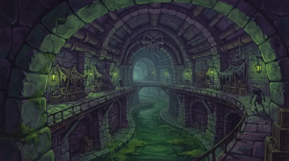 A painted view of the Undercity: lantern-lit stone arches over a green canal.