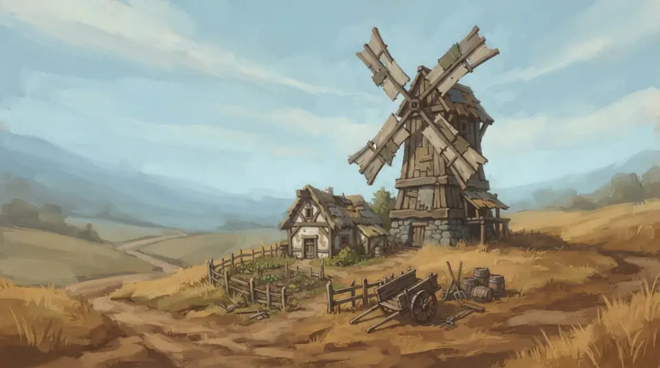 A painted view of Westfall: a windmill standing over dry golden farmland.