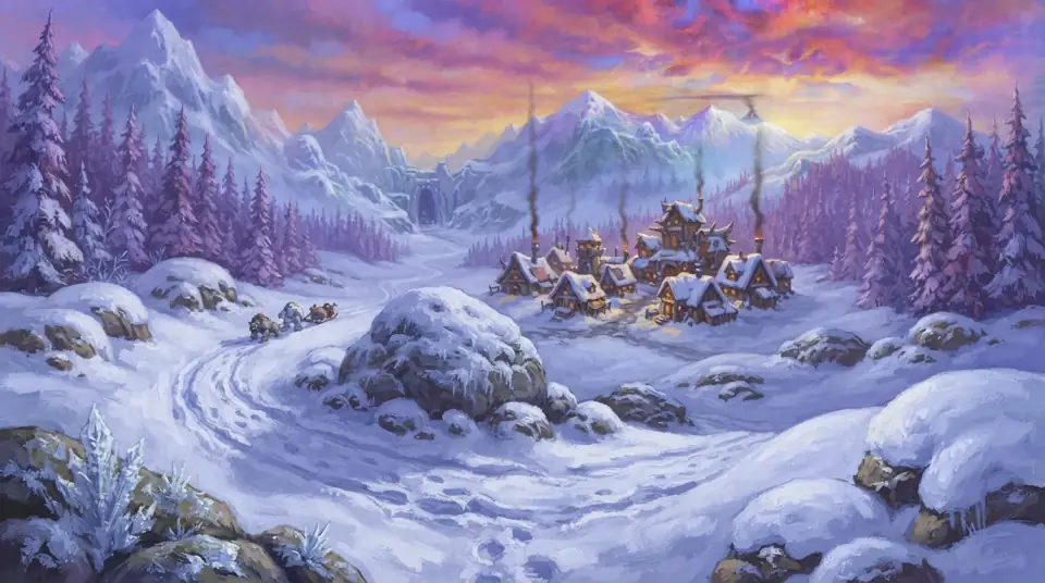 A painted view of Winterspring: a village smoking in deep snow between frosted pines.