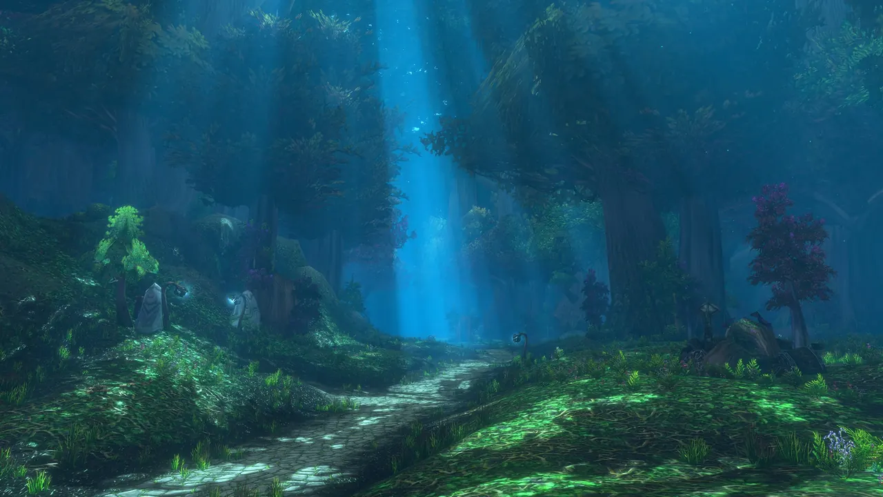 A night forest in WoW Forever with shafts of blue light through tall trees, from Blizzard's What's Next panel recap