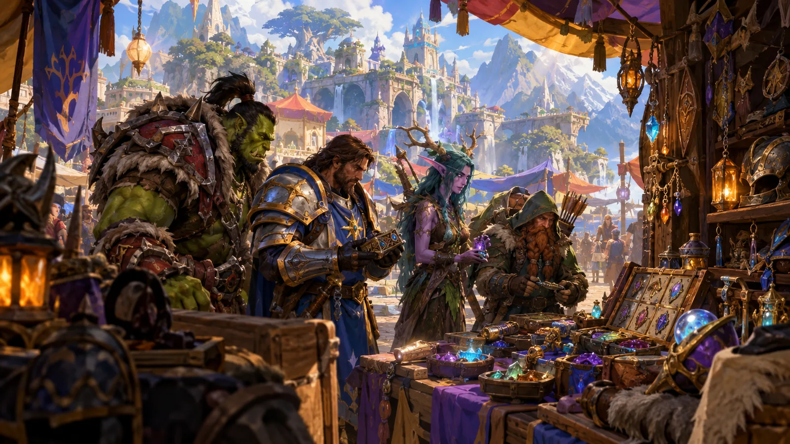 Illustration: Adventurers gathered around a market stall study trinkets and cosmetics as though navigating a catalog shop interface.