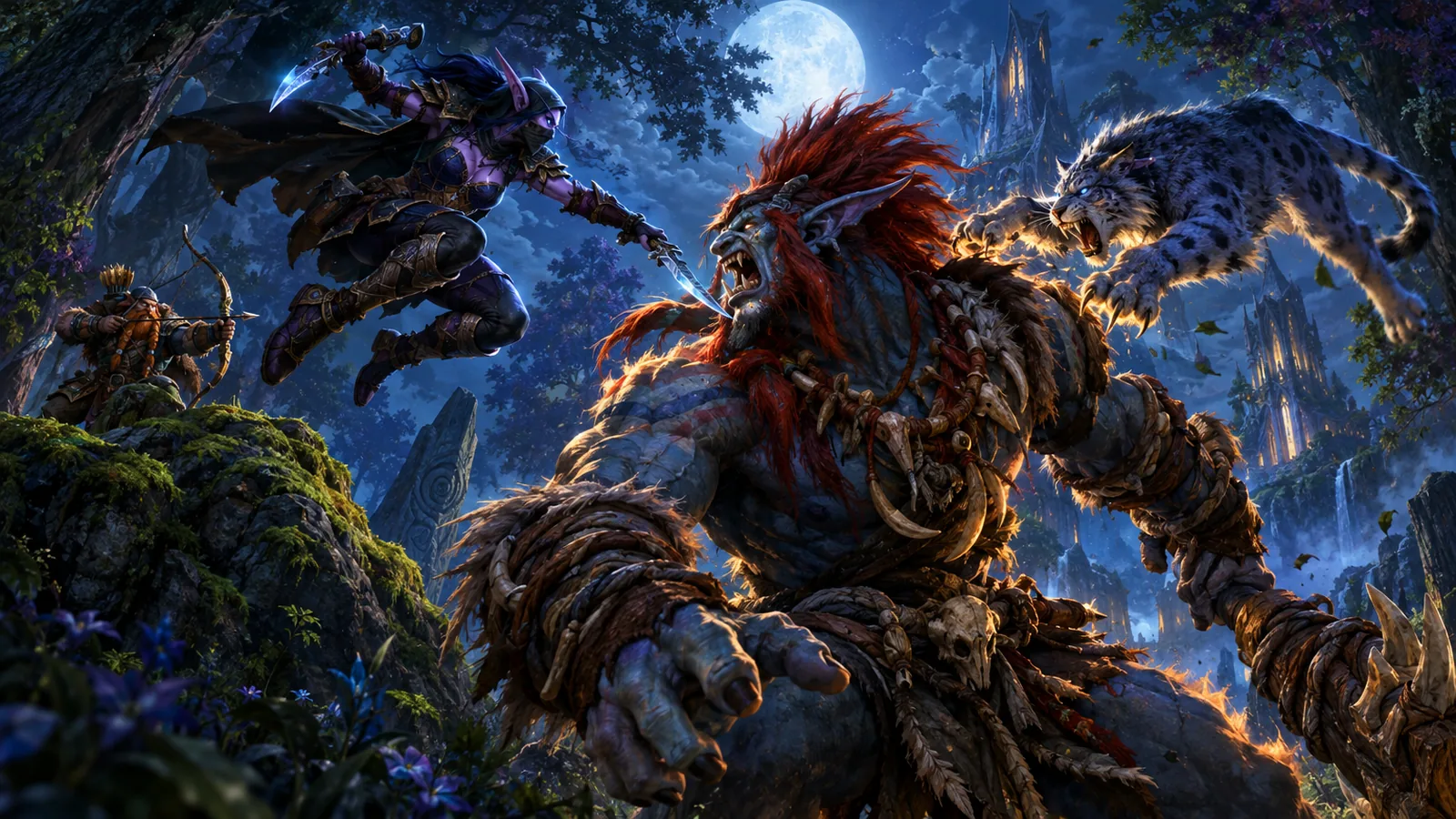 Illustration: a night elf rogue and a druid in cat form leap at a forest troll while a dwarf hunter takes aim behind them