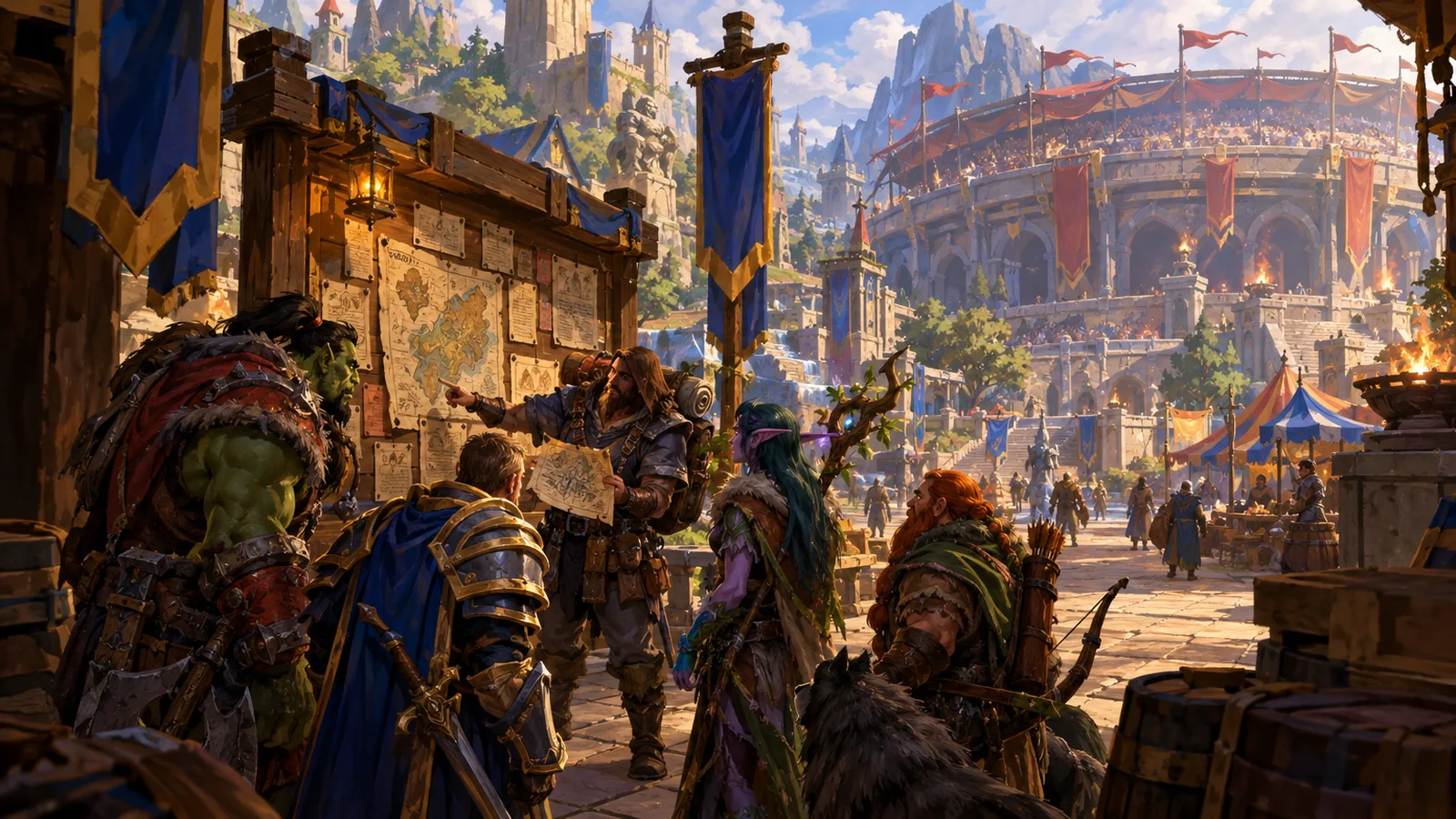 Illustration: adventurers gather around a notice board in a stone town square hung with guild banners, an arena in the distance