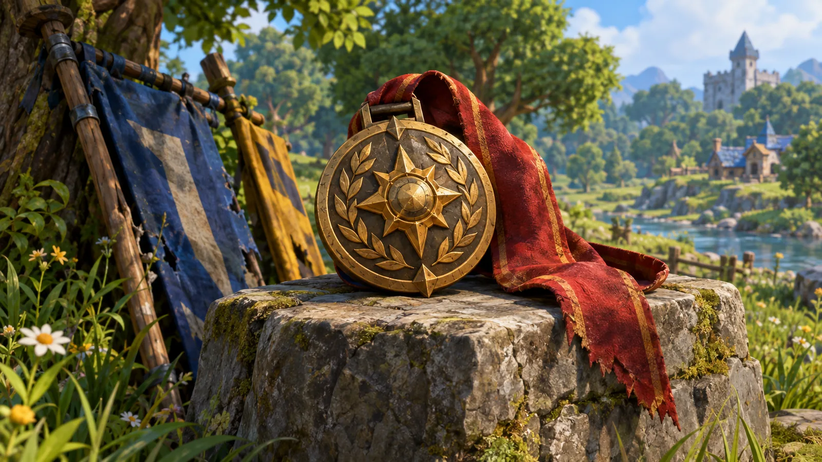 Illustration: an ornate bronze and gold medal on a weathered stone plinth in a forest meadow