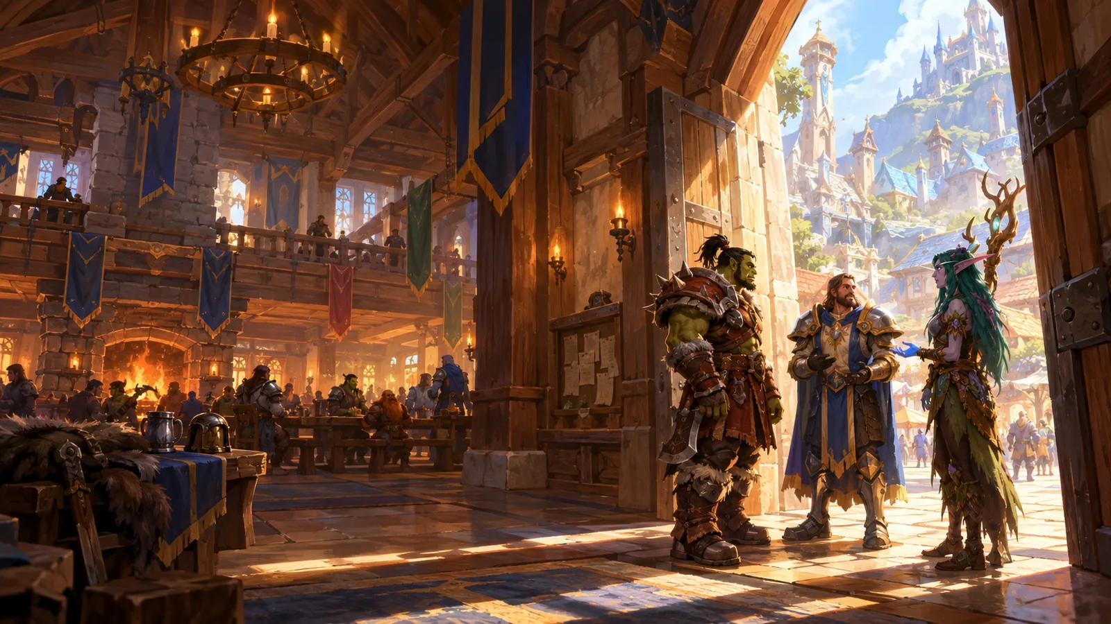 Illustration: A guild hall interior with banners across the rafters and a handful of adventurers (orc warrior, human paladin, night elf druid) gathered near the entrance.