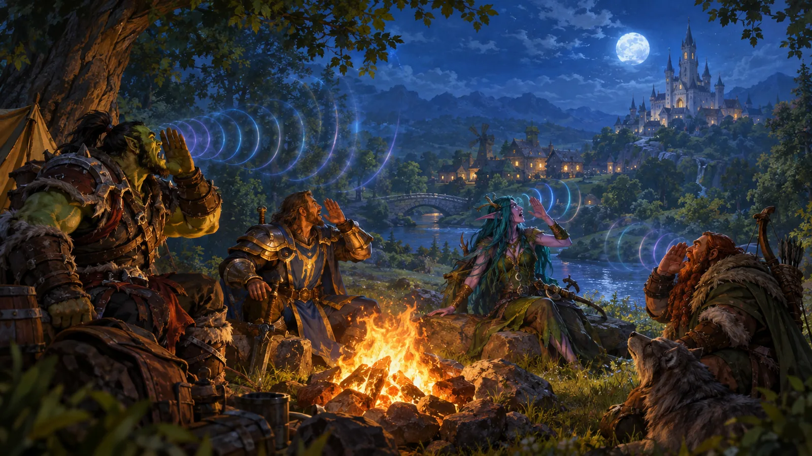 Illustration: Adventurers of several races in a forest clearing around a campfire, cupping their hands and calling to each other as glowing sound waves link them.