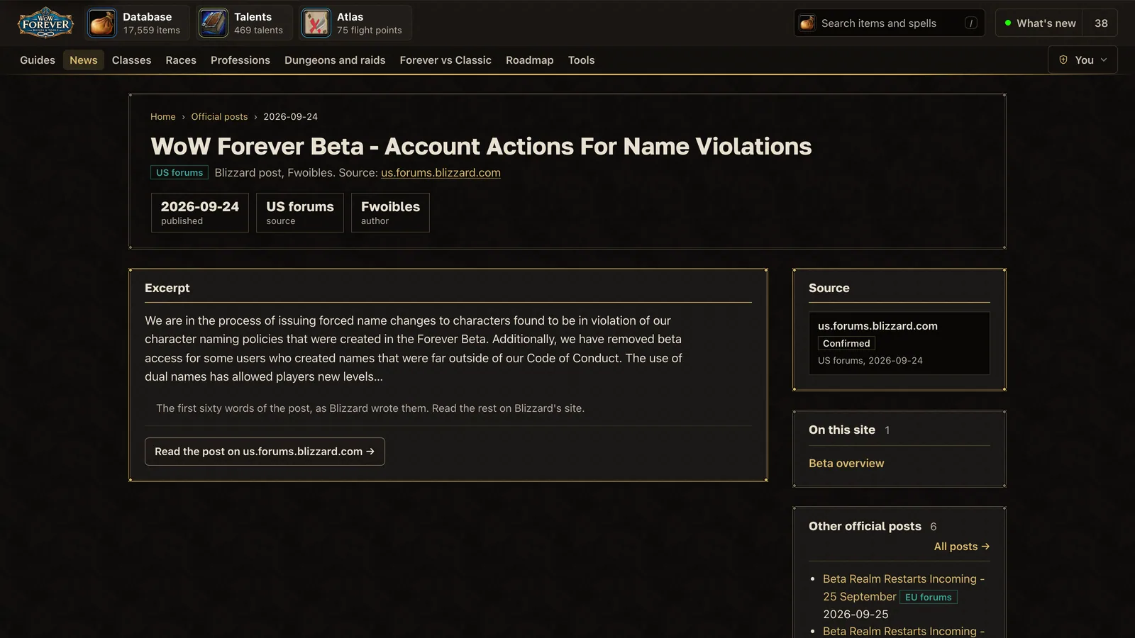 Blizzard's post on name violations as shown on wow-forever.gg