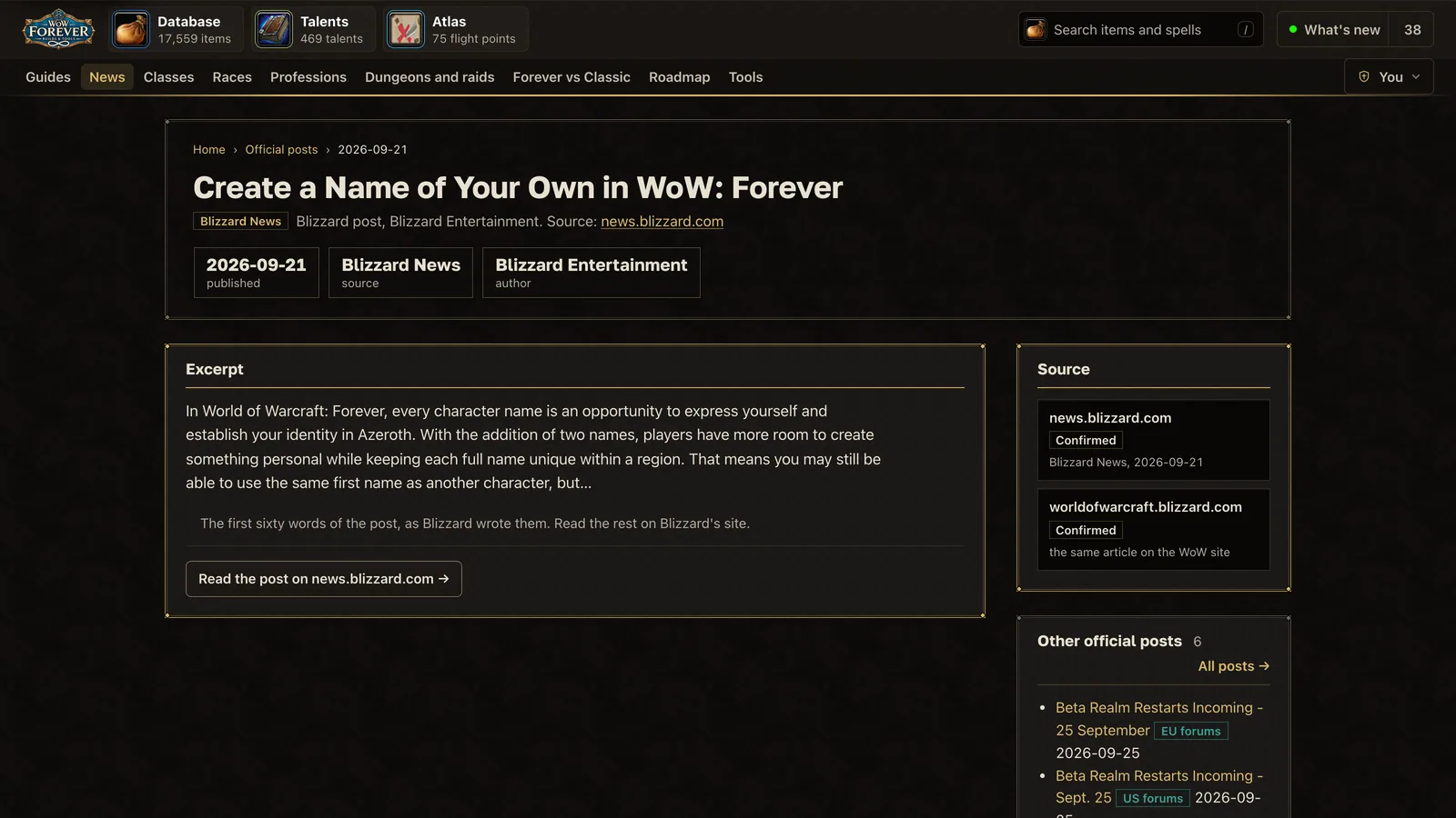 Blizzard's Create a Name of Your Own post as shown on wow-forever.gg
