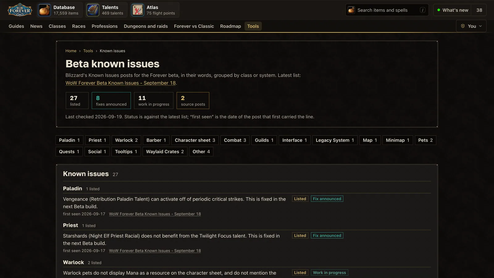 The beta known issues page on wow-forever.gg