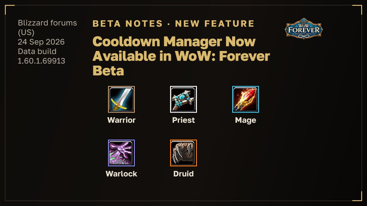 Card for "Cooldown Manager Now Available in WoW: Forever Beta": Warrior, Priest, Mage, Warlock, Druid