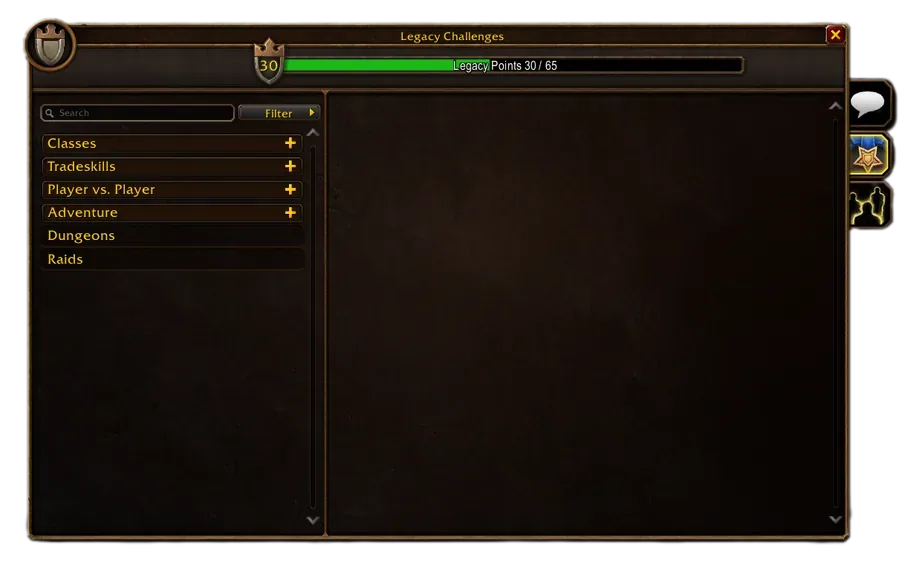The Legacy Challenges window: six categories (Classes, Tradeskills, Player vs. Player, Adventure, Dungeons, Raids) and a Legacy Points bar reading 30 of 65