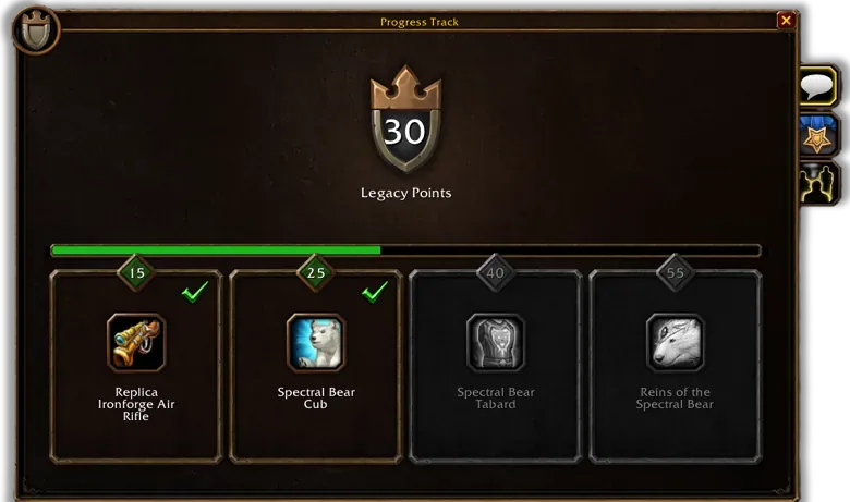 The Legacy Rewards progress track at 30 Legacy Points: the Replica Ironforge Air Rifle (15) and the Spectral Bear Cub (25) earned, the Spectral Bear Tabard (40) and Reins of the Spectral Bear (55) still locked