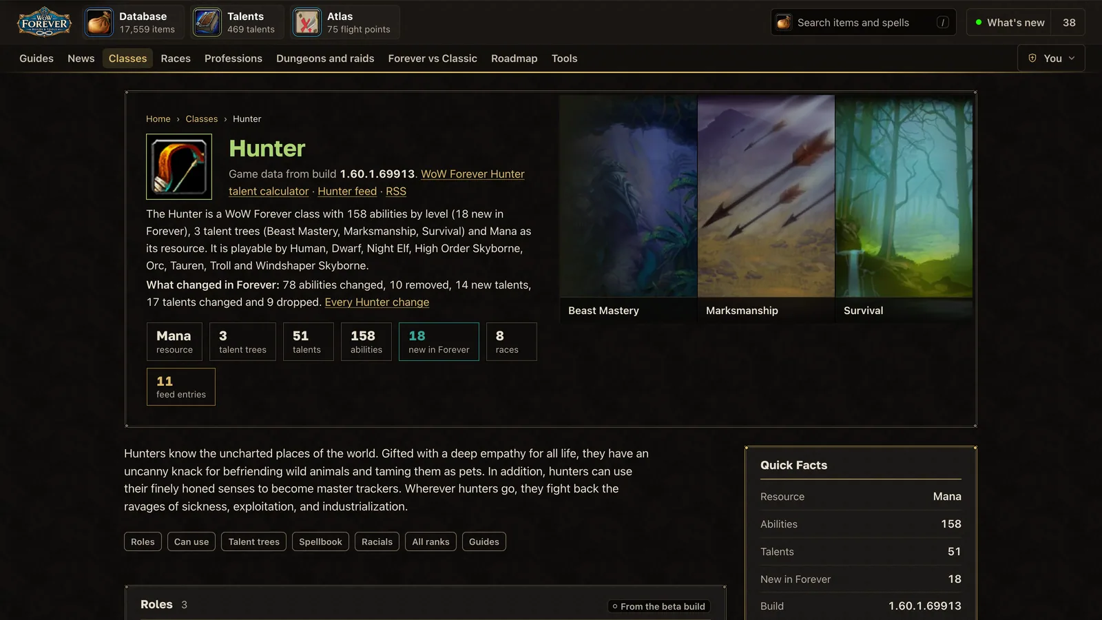 The Hunter class page on wow-forever.gg: abilities by level, talents and races, build 1.60.1.69913