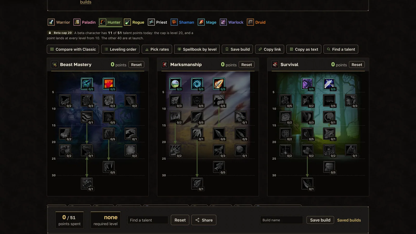 The Hunter talent trees on wow-forever.gg, the Marksmanship tree in view