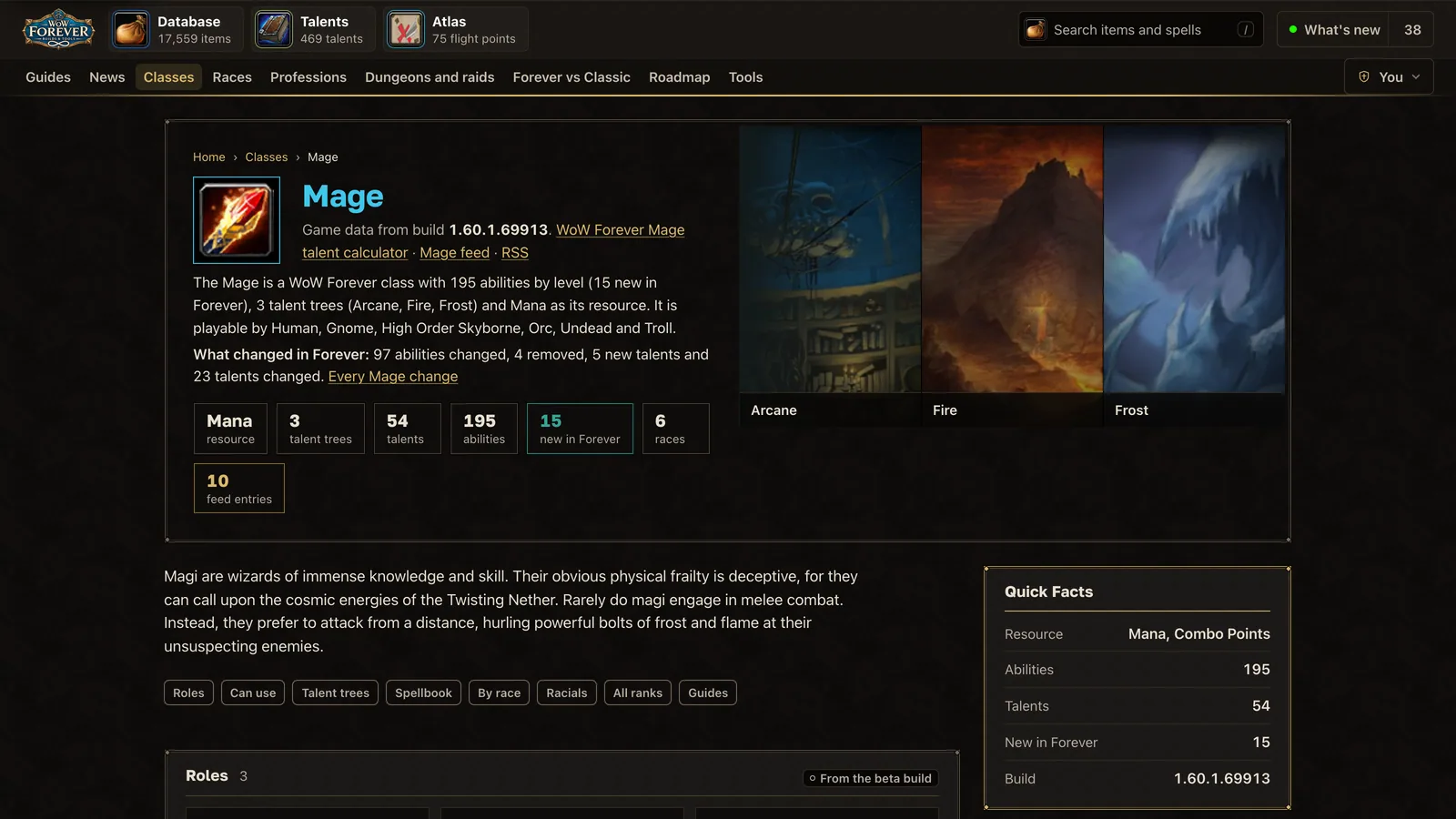 The Mage class page on wow-forever.gg: abilities by level, talents and races, build 1.60.1.69913