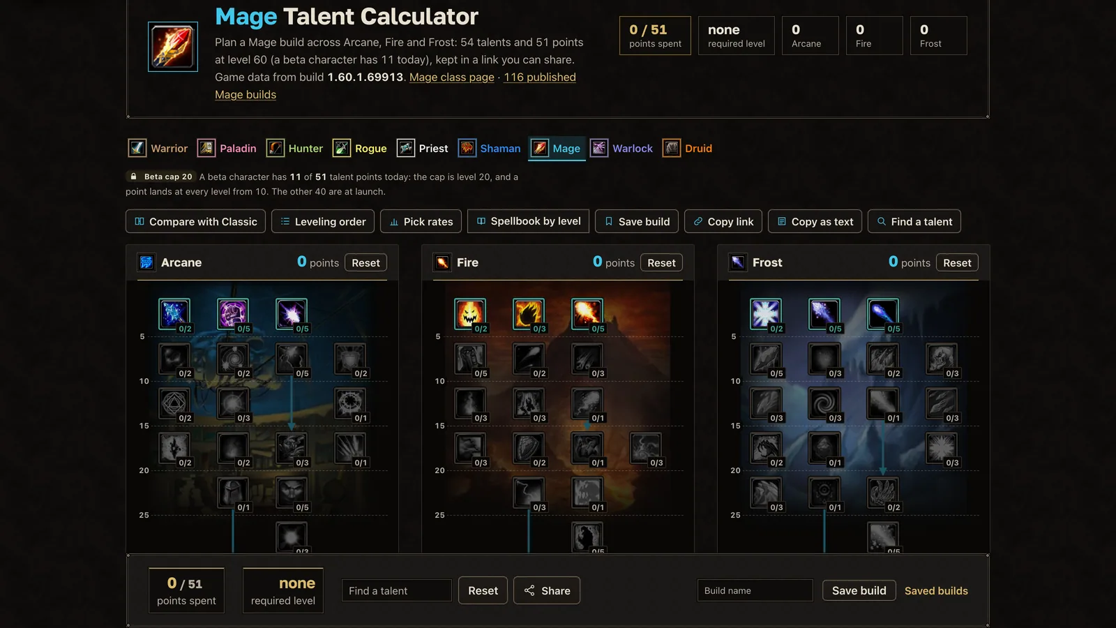 The Mage talent trees on wow-forever.gg, the Fire tree in view
