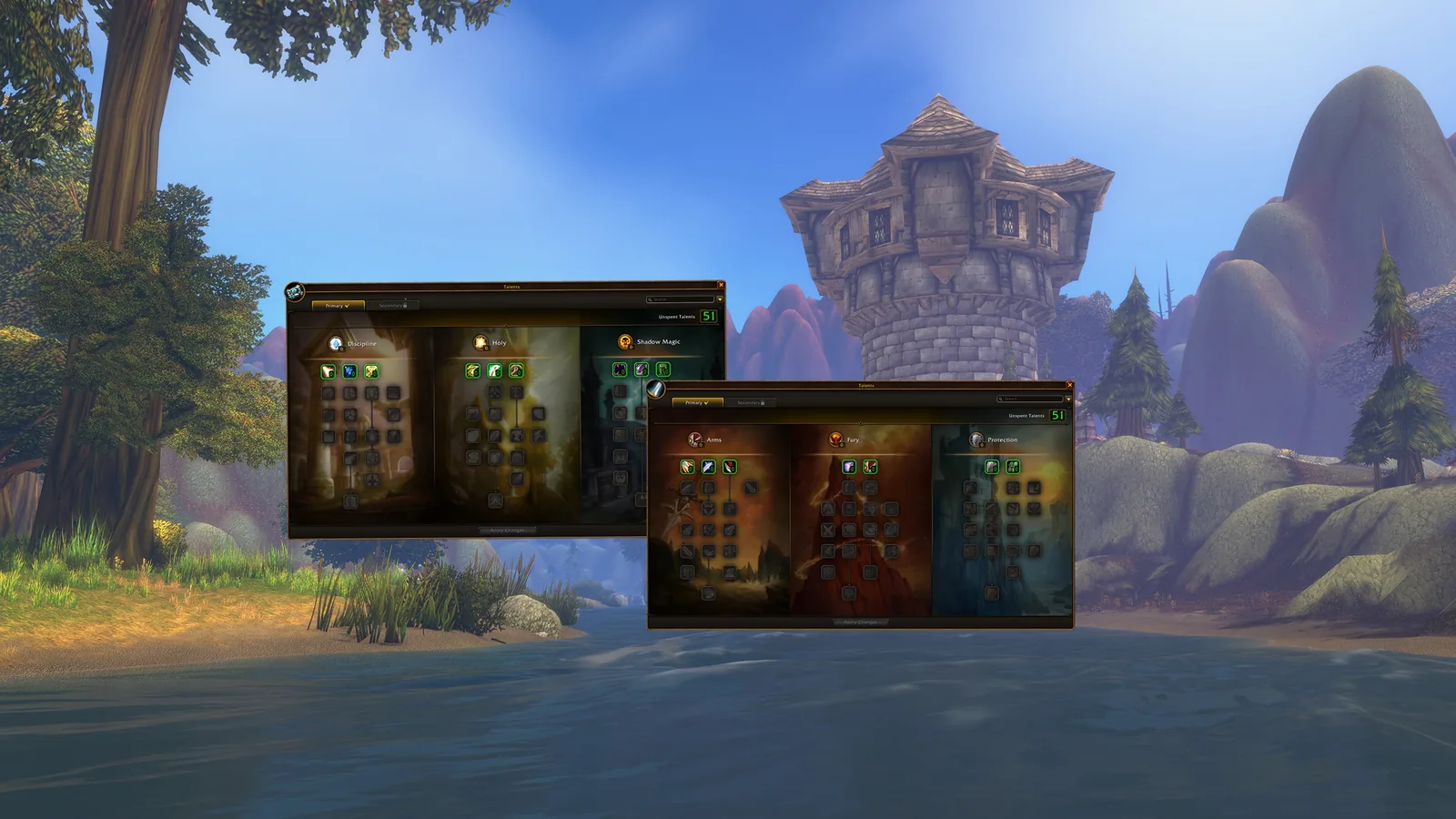 Two talent windows, one with three Priest trees and one with three Warrior trees, over a lake below a stone tower