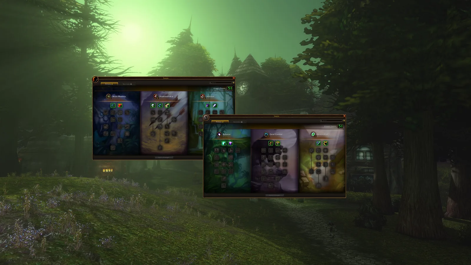Two talent windows, one with three Hunter trees and one with three Druid trees, over a misty green forest
